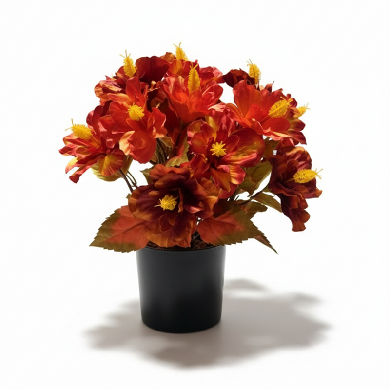 14 Inch Autumn Hibiscus Artificial Flowers with Black Pot, UV Resistant, 1 Pc Outdoor Decor