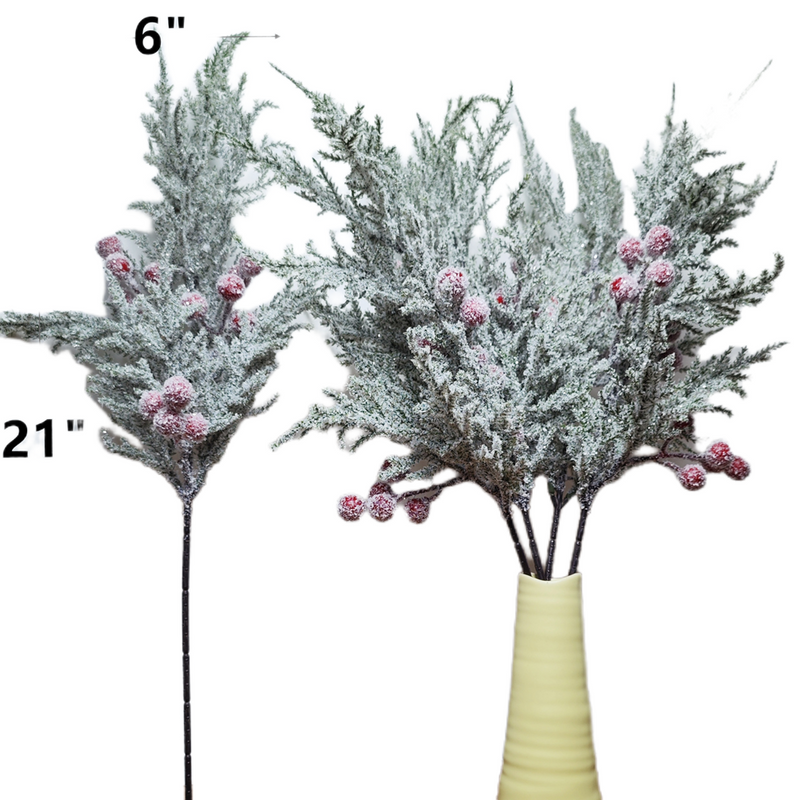 21 Inch Snowy Artificial Cedar Picks with Red Berries, 10 Pcs Silk Holiday Stems