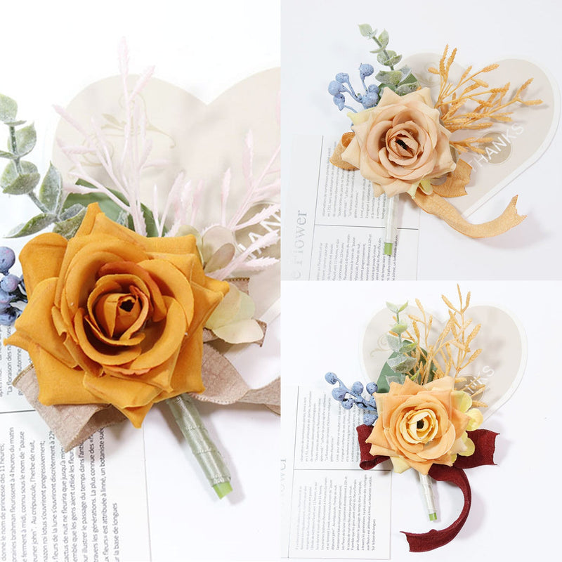 Orange Artificial Boutonniere 12 Pcs Handmade Silk Flower Wedding Lapel Pins