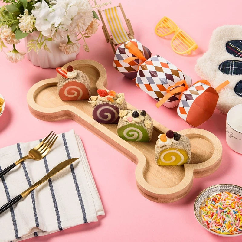 Bamboo Pet-Themed Serving Trays - Dog Paw & Bone Shapes for Snacks, Cheese & Baby Food