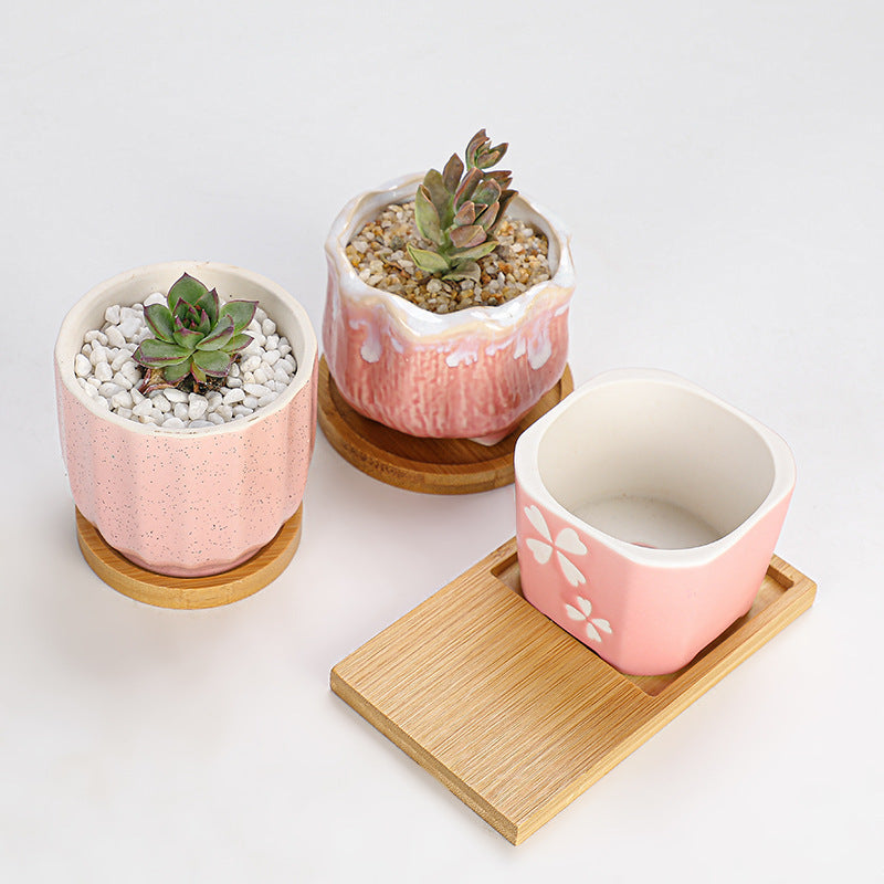 Bamboo Plant Saucer & Ceramic Succulent Pots - Leakproof Trays for Indoor Gardening, Multiple Sizes