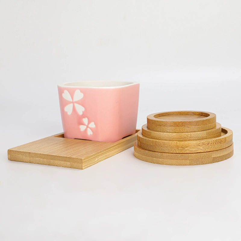 Bamboo Plant Saucer & Ceramic Succulent Pots - Leakproof Trays for Indoor Gardening, Multiple Sizes
