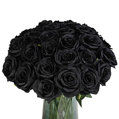 10 Pcs Black Silk Rose Bouquet 12 Inch Artificial Flowers Halloween Centerpiece Bulk