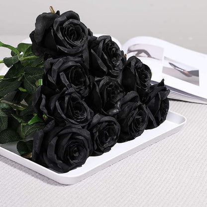 10 Pcs Black Silk Rose Bouquet 12 Inch Artificial Flowers Halloween Centerpiece Bulk