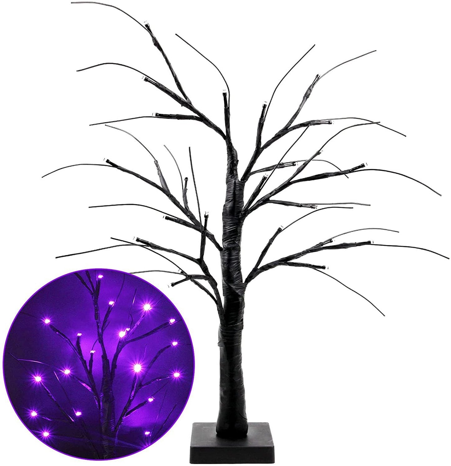 22 Inch Black Artificial Halloween Tree with 24 Purple LED Lights Bulk Quantity
