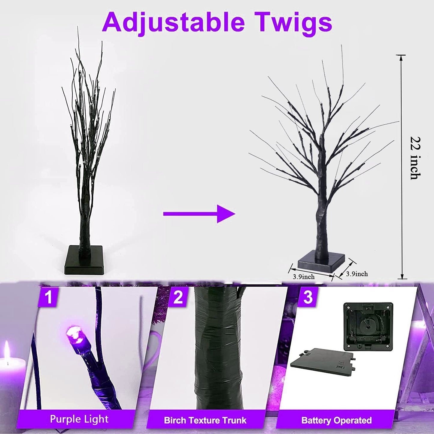 22 Inch Black Artificial Halloween Tree with 24 Purple LED Lights Bulk Quantity