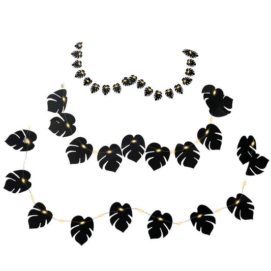 10 Pcs Black Tropical Palm Monstera Leaves Garland String Lights, Artificial Halloween Decor