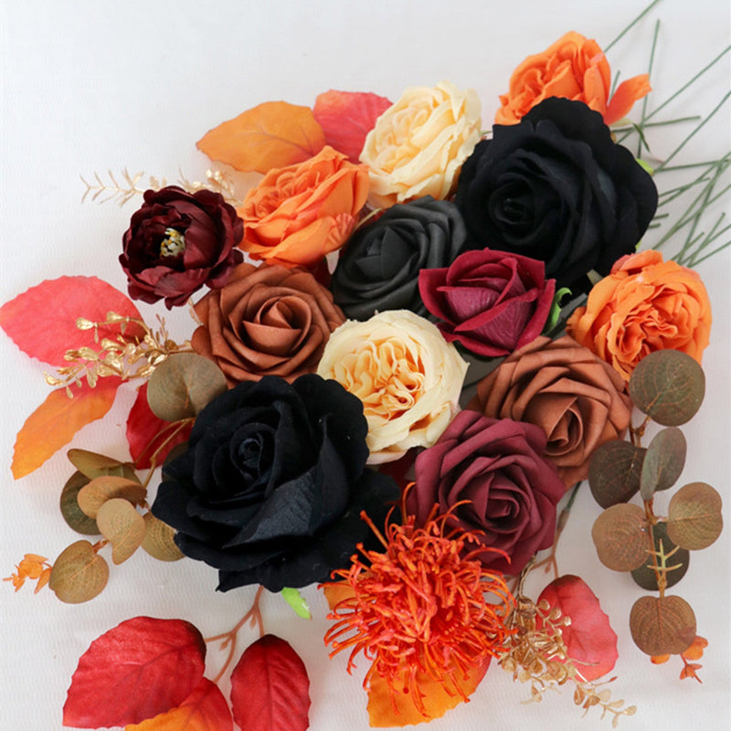 Artificial Fall Flower Heads Box Set 50 Pcs Burnt Orange Black Terracotta Silk Floral for Thanksgiving DIY Wedding Bouquet Centerpieces