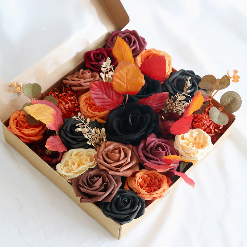 Artificial Fall Flower Heads Box Set 50 Pcs Burnt Orange Black Terracotta Silk Floral for Thanksgiving DIY Wedding Bouquet Centerpieces