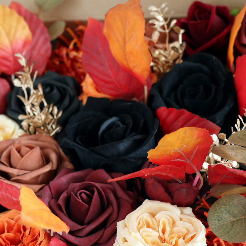 Artificial Fall Flower Heads Box Set 50 Pcs Burnt Orange Black Terracotta Silk Floral for Thanksgiving DIY Wedding Bouquet Centerpieces