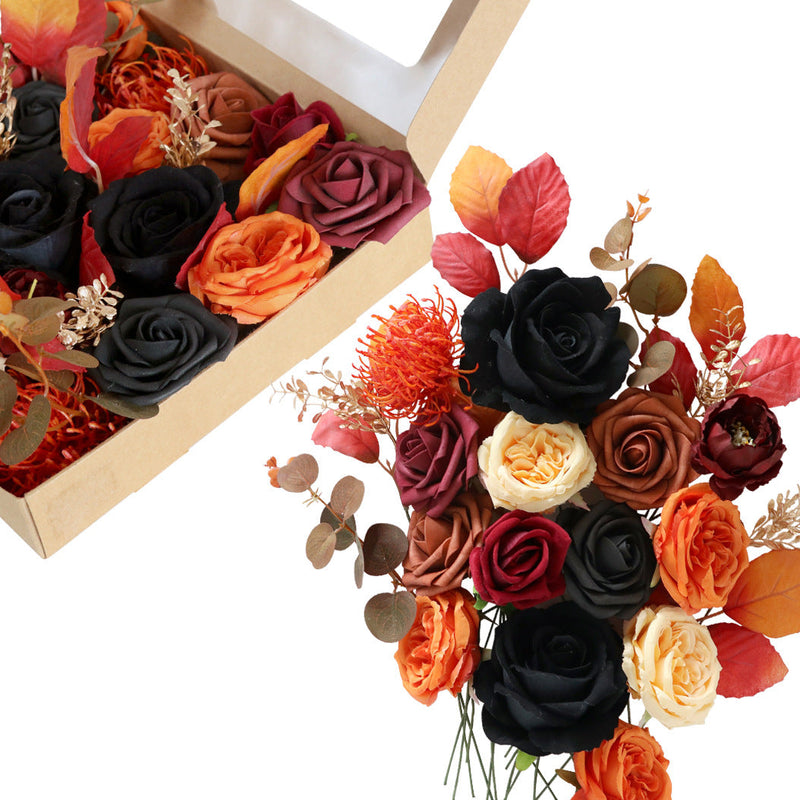 Artificial Fall Flower Heads Box Set 50 Pcs Burnt Orange Black Terracotta Silk Floral for Thanksgiving DIY Wedding Bouquet Centerpieces