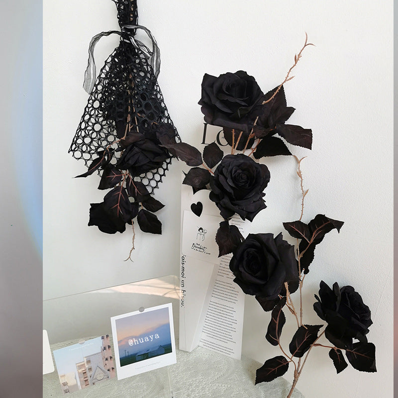 26 Inch Black Artificial Rose Stems Spray 10 Pcs Long Halloween Flower Arrangement
