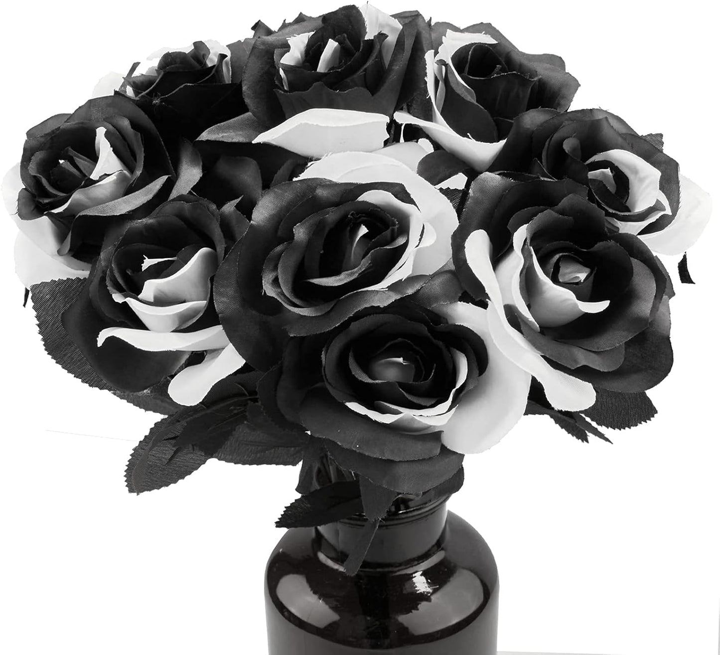 10 Pcs Artificial Halloween Rose Stems Black and White Silk Flowers Bulk