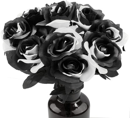 10 Pcs Artificial Halloween Rose Stems Black and White Silk Flowers Bulk