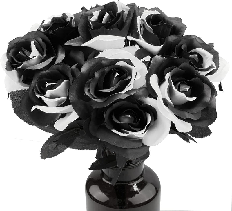 10 Pcs Artificial Halloween Rose Stems Black and White Silk Flowers Bulk