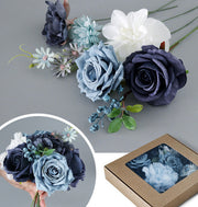 Dusty Blue Navy Artificial Flower Heads Combo Box Set, Bulk Quantity for DIY Wedding Bridal Bouquets and Centerpieces