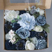 Dusty Blue Navy Artificial Flower Heads Combo Box Set, Bulk Quantity for DIY Wedding Bridal Bouquets and Centerpieces