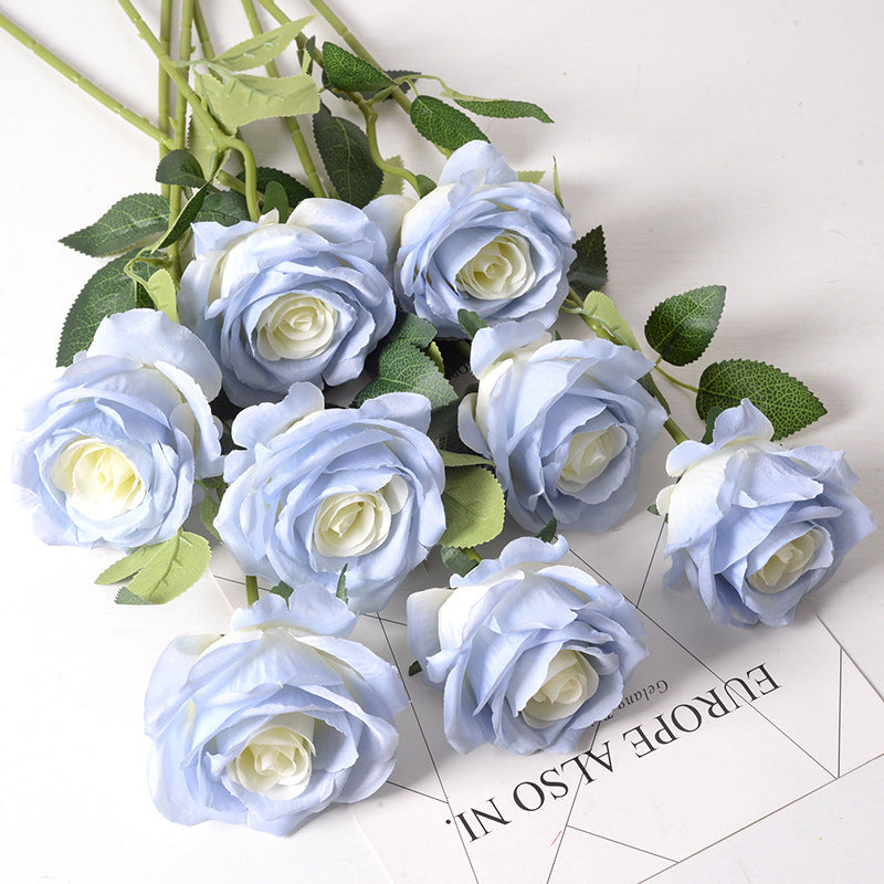 18 Inch Gradient Blue Artificial Silk Rose Stems, 10 Pcs Bulk Wholesale