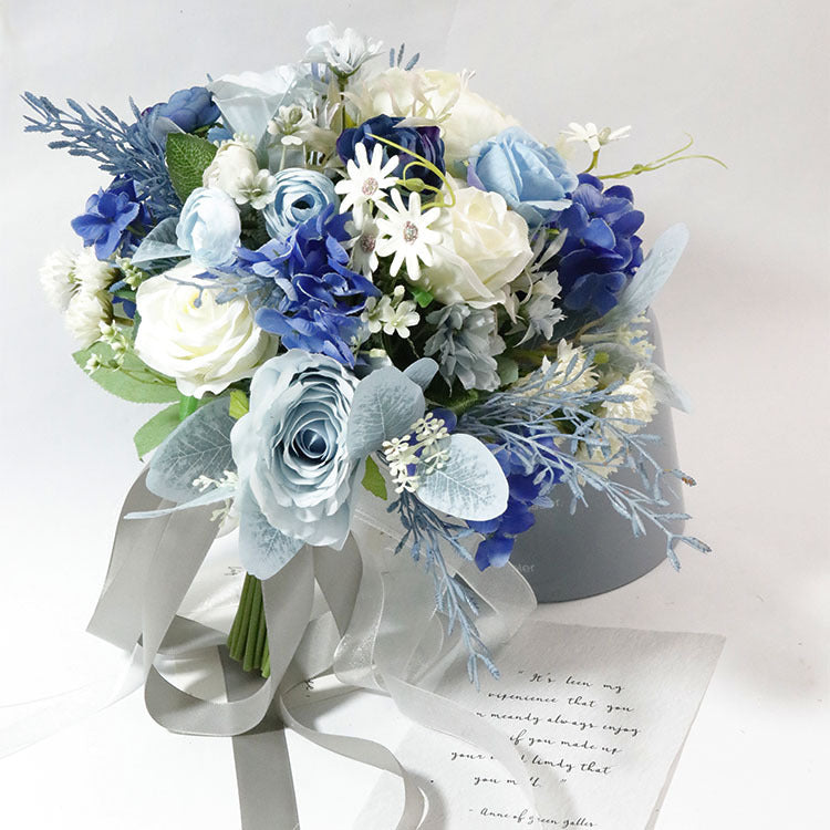 11 Inch Ivory White and Blue Peony and Rose Bridal Bouquet Accents, Bulk Wholesale Artificial Flowers