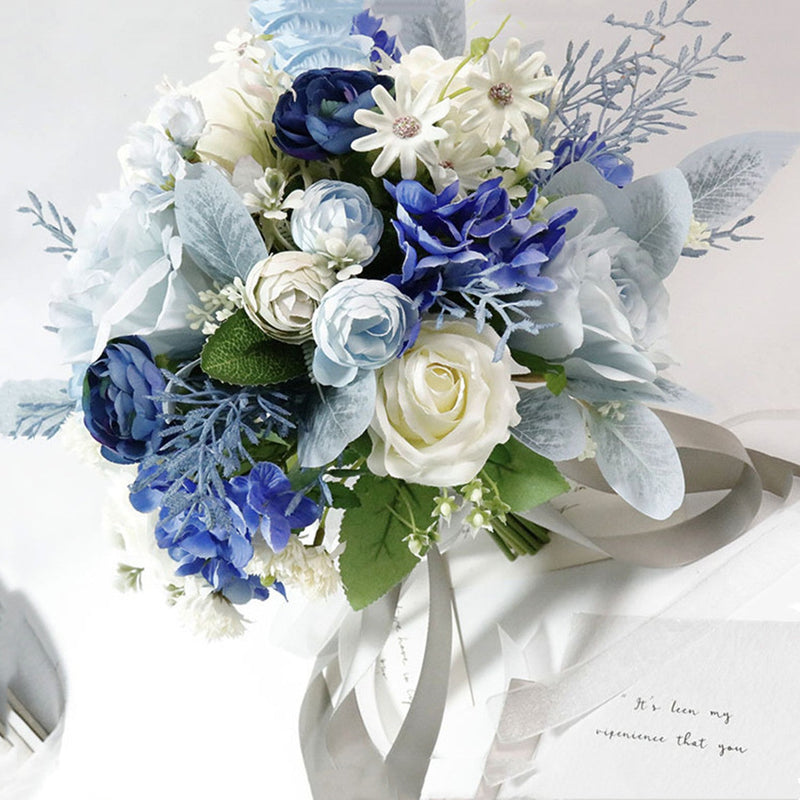11 Inch Ivory White and Blue Peony and Rose Bridal Bouquet Accents, Bulk Wholesale Artificial Flowers