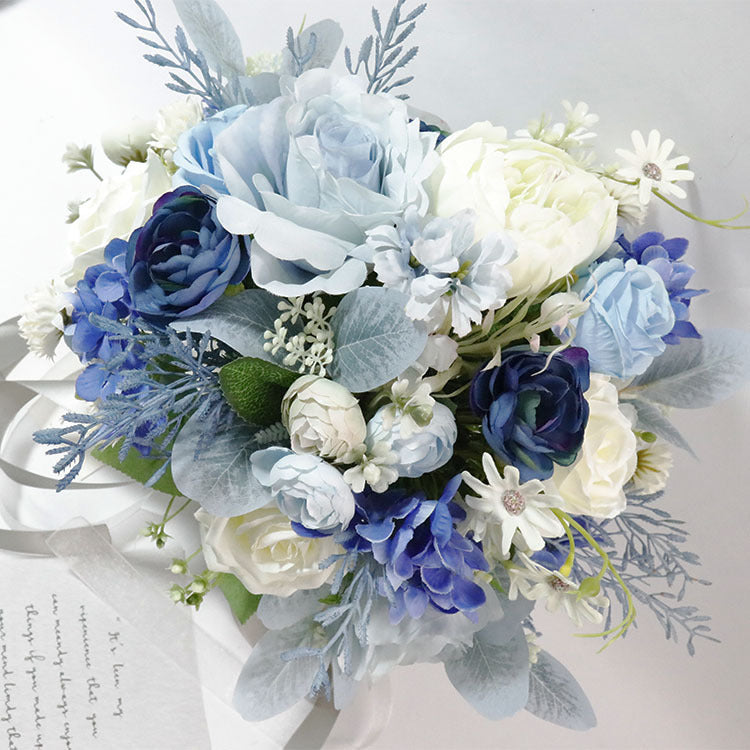 11 Inch Ivory White and Blue Peony and Rose Bridal Bouquet Accents, Bulk Wholesale Artificial Flowers