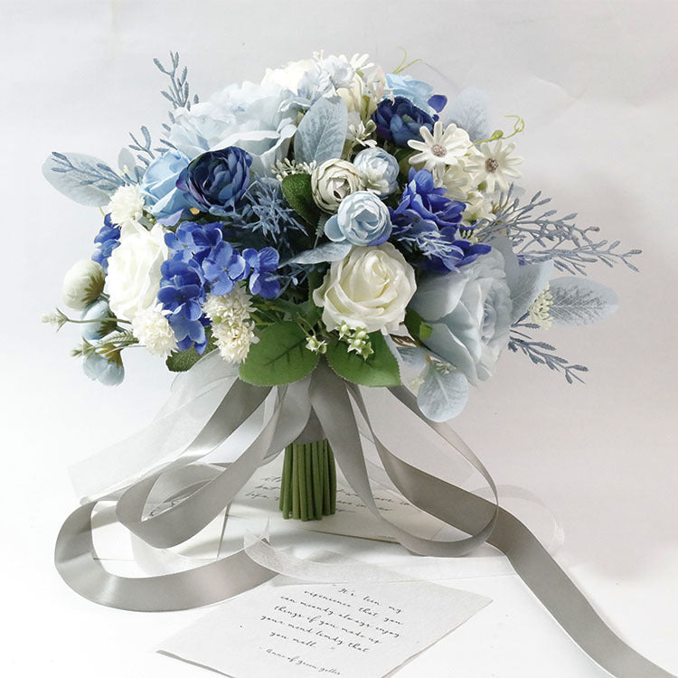 11 Inch Ivory White and Blue Peony and Rose Bridal Bouquet Accents, Bulk Wholesale Artificial Flowers