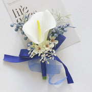 White and Blue Artificial Flower Wrist Corsage and Men’s Boutonniere Set for Wedding – Bulk Pack