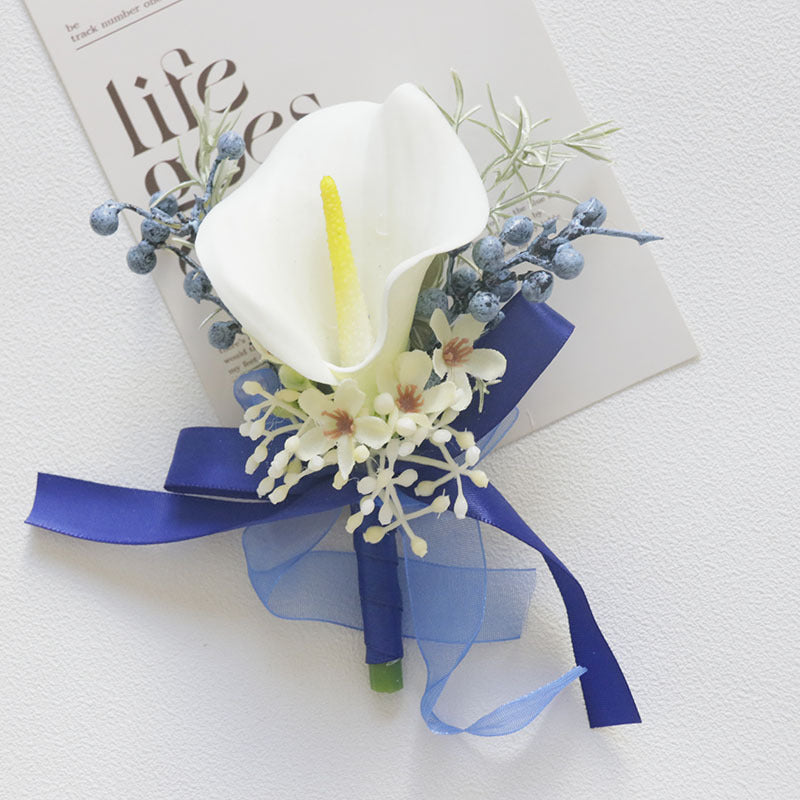 White and Blue Artificial Flower Wrist Corsage and Men’s Boutonniere Set for Wedding – Bulk Pack