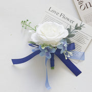 White and Blue Artificial Flower Wrist Corsage and Men’s Boutonniere Set for Wedding – Bulk Pack