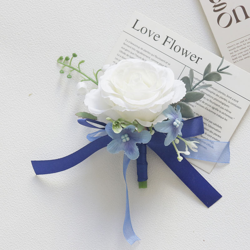 White and Blue Artificial Flower Wrist Corsage and Men’s Boutonniere Set for Wedding – Bulk Pack