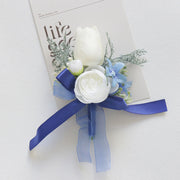 White and Blue Artificial Flower Wrist Corsage and Men’s Boutonniere Set for Wedding – Bulk Pack