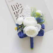 White and Blue Artificial Flower Wrist Corsage and Men’s Boutonniere Set for Wedding – Bulk Pack