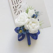 White and Blue Artificial Flower Wrist Corsage and Men’s Boutonniere Set for Wedding – Bulk Pack