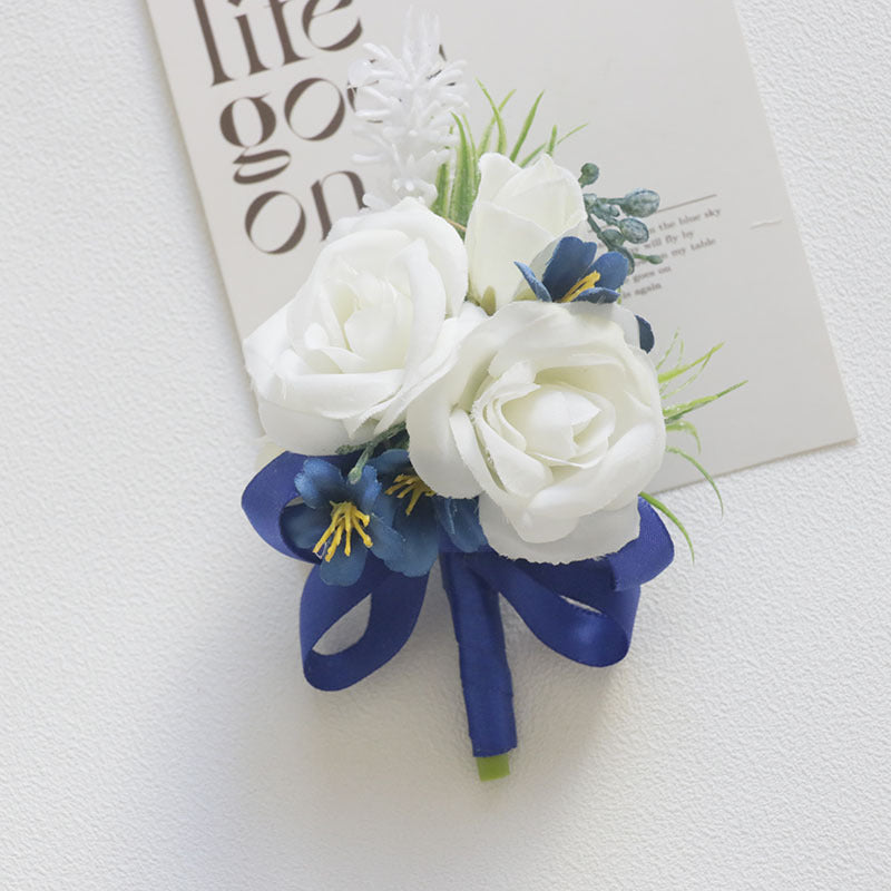 White and Blue Artificial Flower Wrist Corsage and Men’s Boutonniere Set for Wedding – Bulk Pack