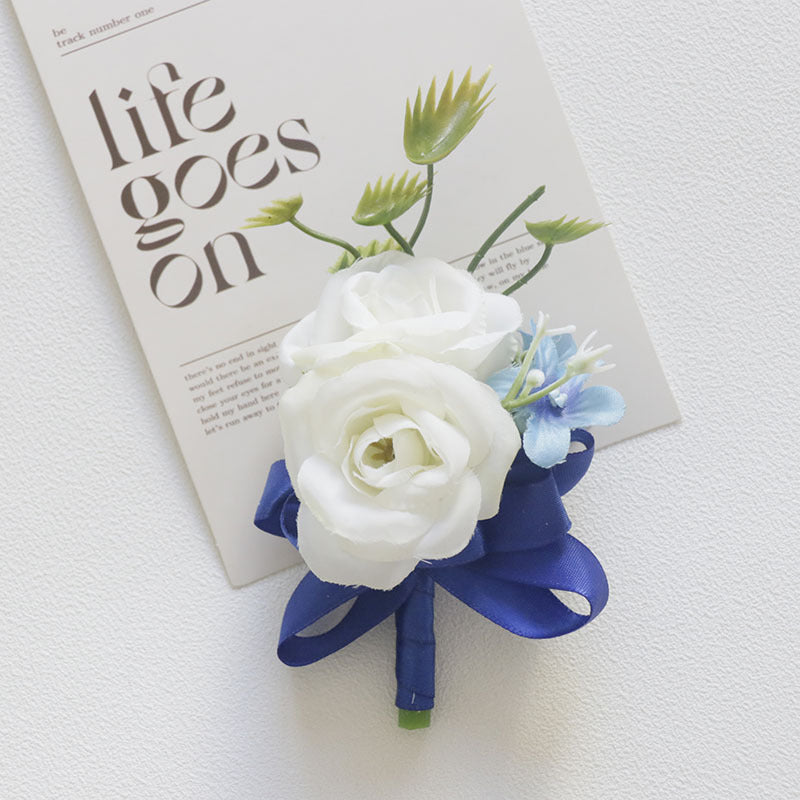 White and Blue Artificial Flower Wrist Corsage and Men’s Boutonniere Set for Wedding – Bulk Pack