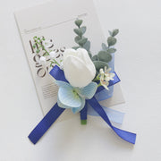 White and Blue Artificial Flower Wrist Corsage and Men’s Boutonniere Set for Wedding – Bulk Pack