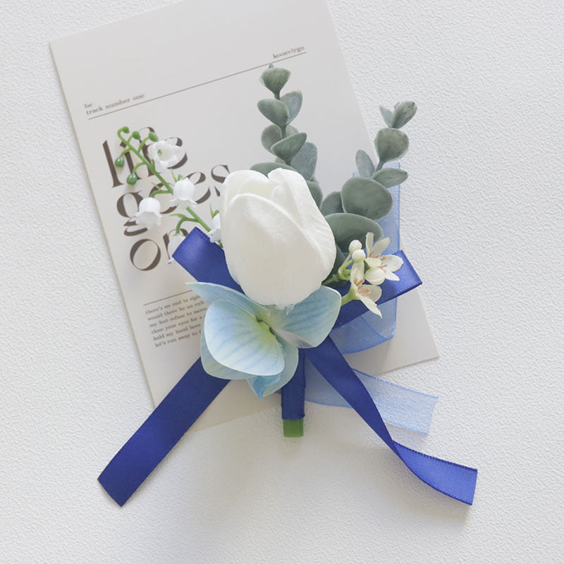 White and Blue Artificial Flower Wrist Corsage and Men’s Boutonniere Set for Wedding – Bulk Pack