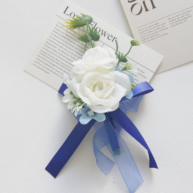 White and Blue Artificial Flower Wrist Corsage and Men’s Boutonniere Set for Wedding – Bulk Pack