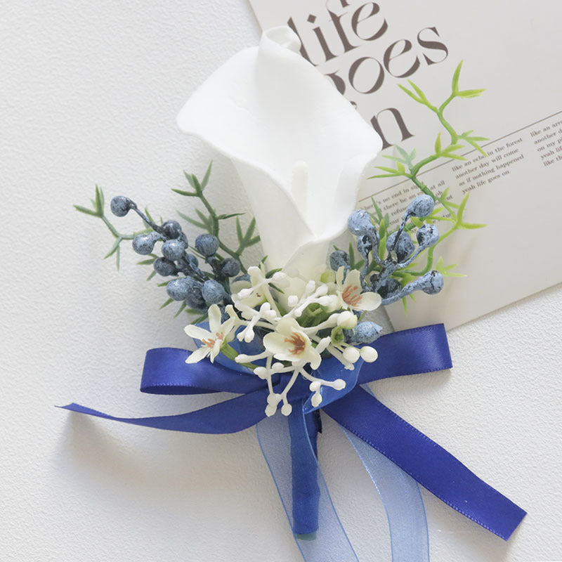 White and Blue Artificial Flower Wrist Corsage and Men’s Boutonniere Set for Wedding – Bulk Pack