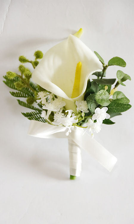Handmade Calla Lily Boutonnieres with Greenery Bulk Wedding Floral Accessories
