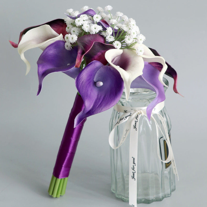 7 Inch Purple Artificial Calla Lily Bridesmaid Bouquet 10 Pcs Wedding Flowers Bulk