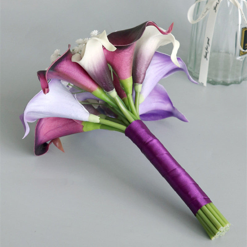 7 Inch Purple Artificial Calla Lily Bridesmaid Bouquet 10 Pcs Wedding Flowers Bulk