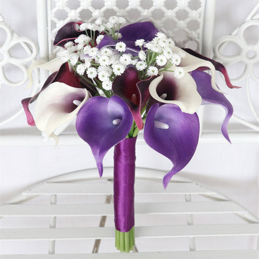 7 Inch Purple Artificial Calla Lily Bridesmaid Bouquet 10 Pcs Wedding Flowers Bulk