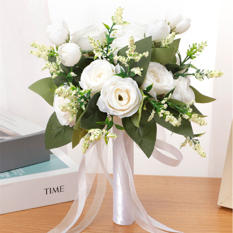 9 Inch Artificial Silk Rose Bridal Bouquet, 1 Pc Wedding Flower Arrangement