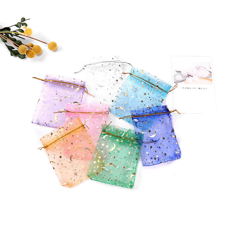 Bulk 100 Pcs Moon Star Organza Drawstring Gift Bags Jewelry Candy Favor Pouches for Weddings Valentine's Christmas Birthday Mother's Day Wholesale