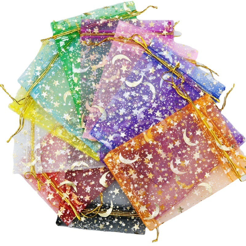 Bulk 100 Pcs Moon Star Organza Drawstring Gift Bags Jewelry Candy Favor Pouches for Weddings Valentine's Christmas Birthday Mother's Day Wholesale