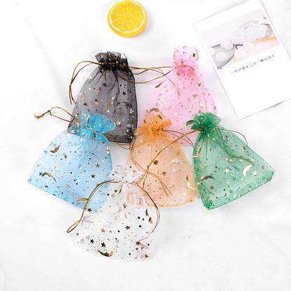 Bulk 100 Pcs Moon Star Organza Drawstring Gift Bags Jewelry Candy Favor Pouches for Weddings Valentine's Christmas Birthday Mother's Day Wholesale