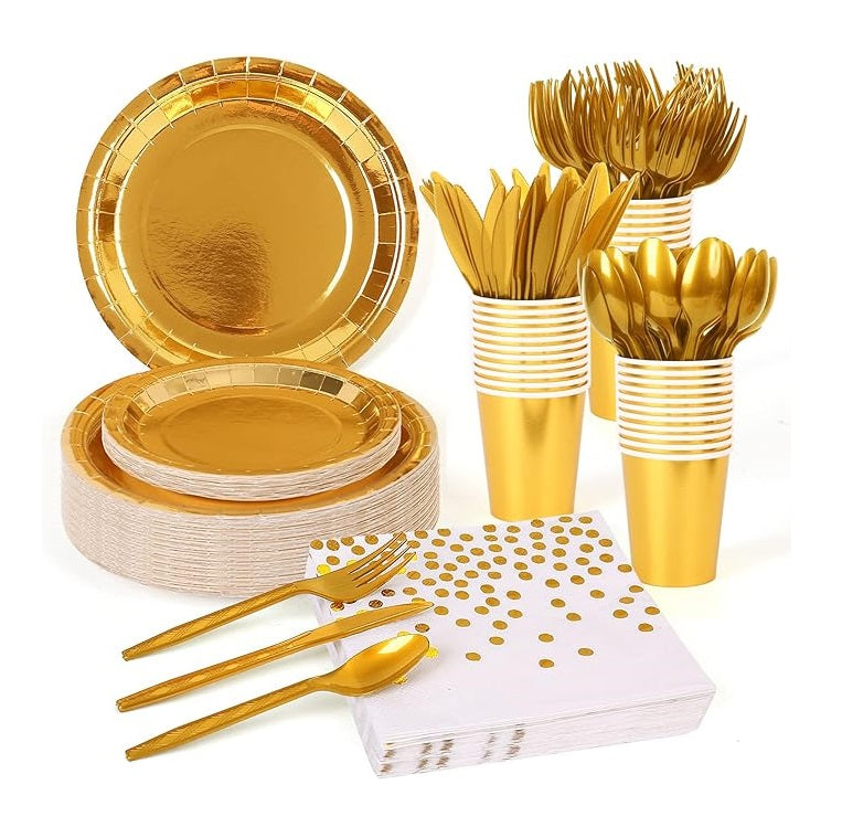 Bulk 50 Pcs Gold Disposable Dinnerware Set Paper Plates Paper Cups Paper Napkin Knife Fork Spoon Party Supplies Wholesale