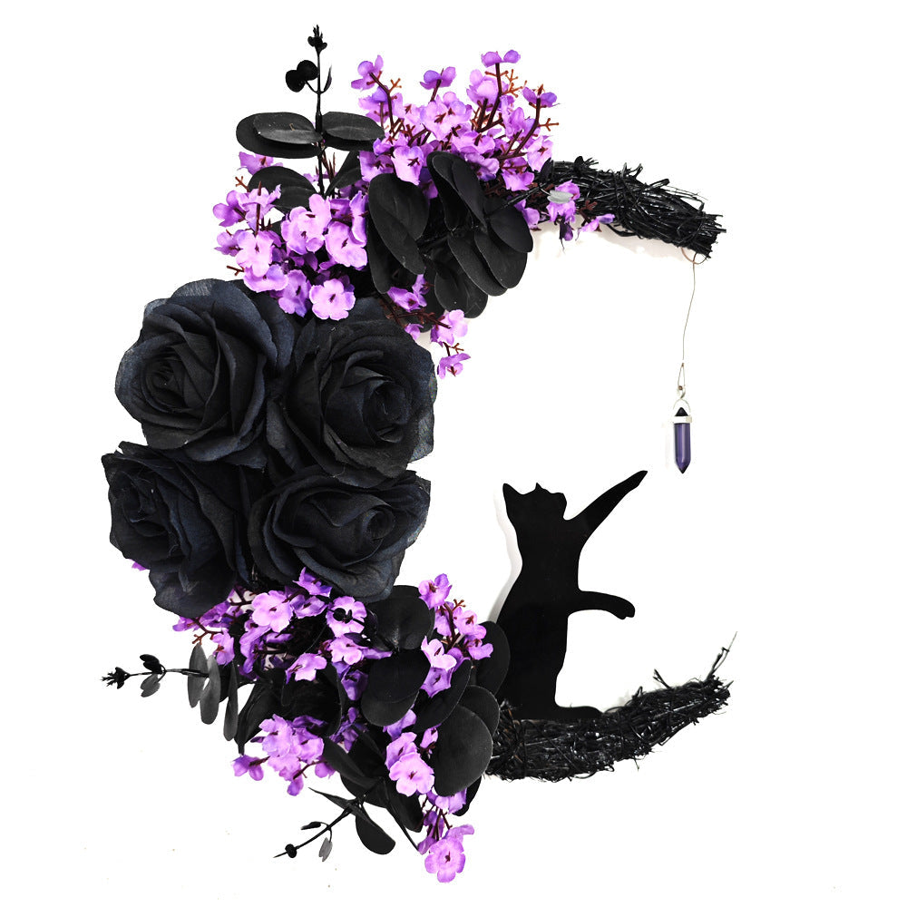 14 Inch Moon Cat Halloween Glowing Artificial Flower Rattan Wreath for Front Door, Bulk Wholesale