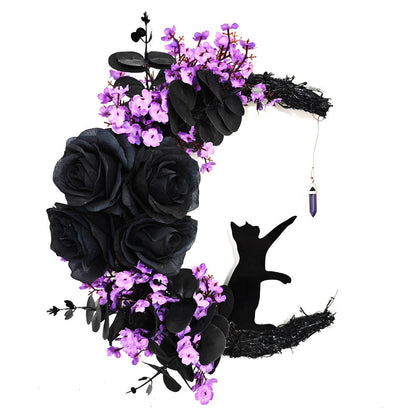 14 Inch Moon Cat Halloween Glowing Artificial Flower Rattan Wreath for Front Door, Bulk Wholesale